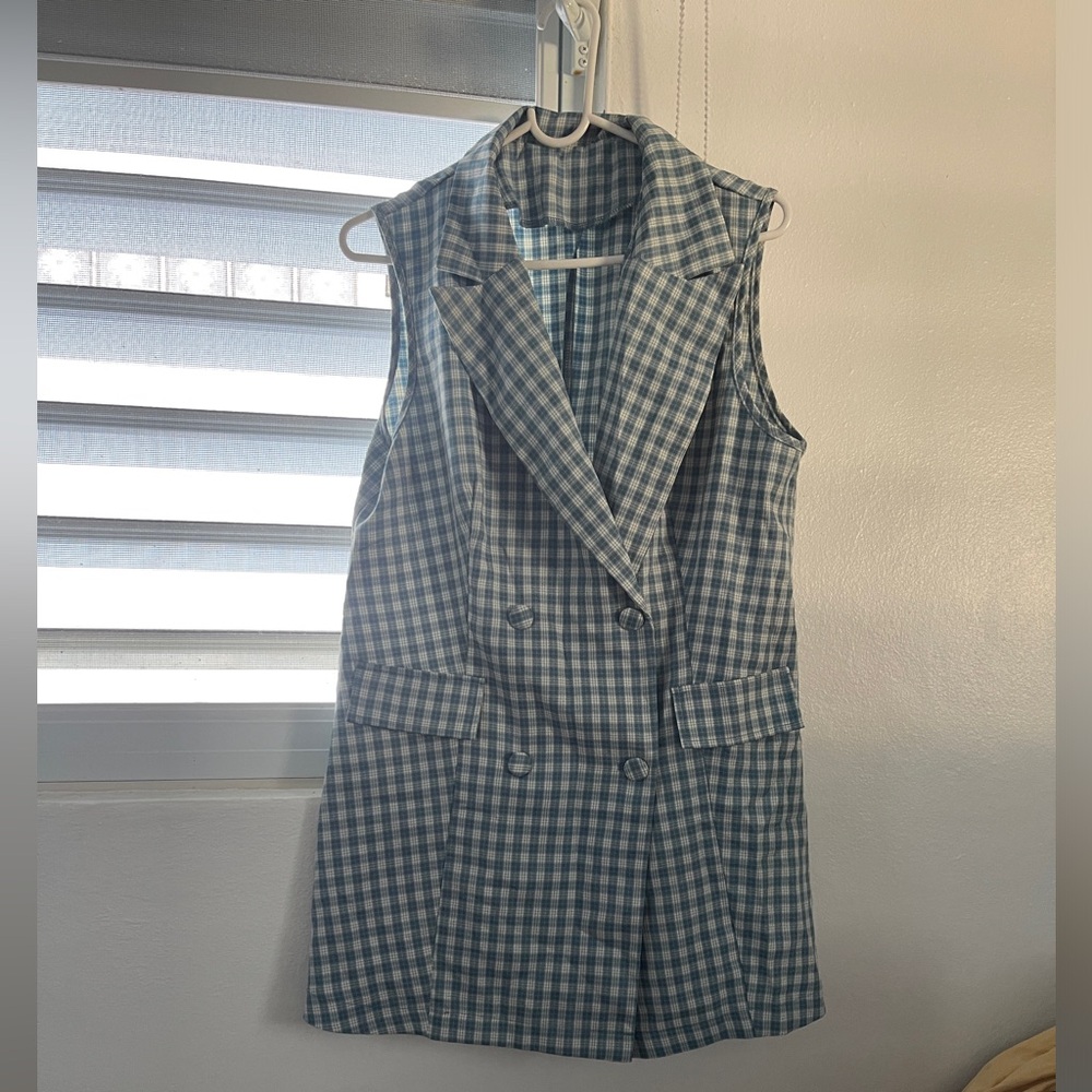 Sleeveless Blue and White Gingham Blazer Dress